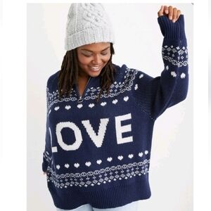 Aerie LOVE 1/4 Zip Sweater Size XL Oversized Long Sleeve Blue and White Pullover